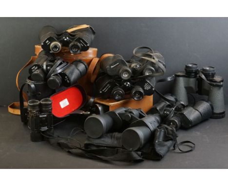 Collection of eight binoculars, to include Tronic, Pathescope, leather-cased Prinz, GreenKat De Luxe and Revue examples, toge