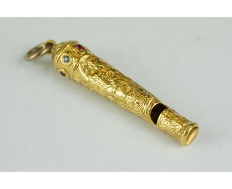 18th/19th century diamond and ruby unmarked yellow gold whistle, small alternate rose cut diamonds and rubies set to the fini