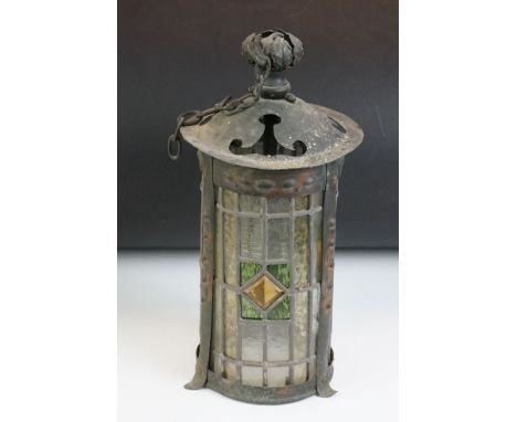 19th Century leaded glass and copper hanging lantern, with clear, green and yellow glass panels and leaf-shaped finial to top