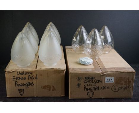 Set of Six frosted glass light shades of conical form with criss-cross cut decoration, 15cm long, together a set of three cle