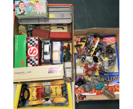 A collection of cars:  Shuco 'Old Timer', etc., boxed; a Corgi Leyland Tiger coach; etc.; toy animals and figures 