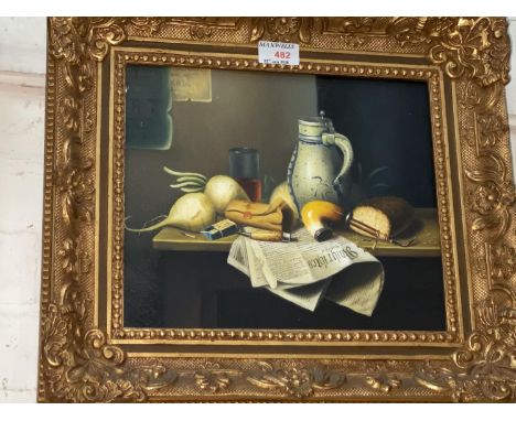 20th Century:  Still life pipe and jug, oil on canvas, unsigned, 24 x 29 cm, gilt framed 