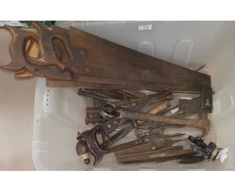 A selection of vintage tools, fishing items etc