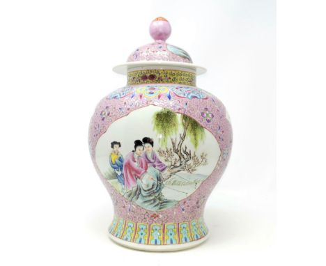 A Chinese famille rose ground baluster lidded vase with seal mark to base 32cm heightGood condition