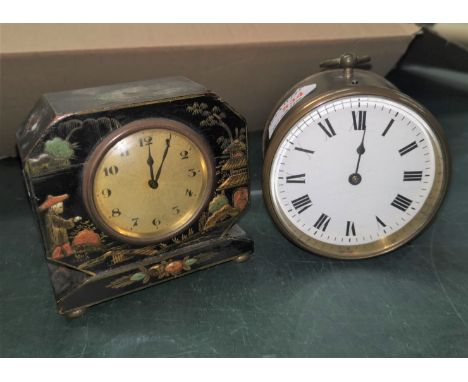A mantel clock in Japanese lacquer case; a brass cased mantel clock with enamel dial 