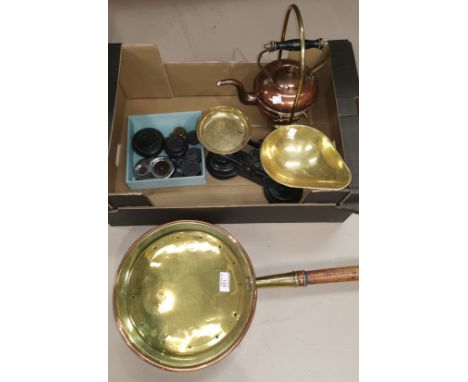 A 19th century copper and brass warming pan and spirit kettle and a set of Victorian style kitchen scales 