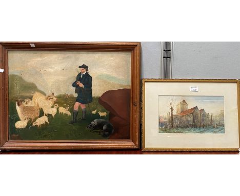 Scottish Primitive School:  Figure in kilt with pipe, tending sheep, oil on canvas, unsigned, 44 x 5 cm, framed; J W Bates:  