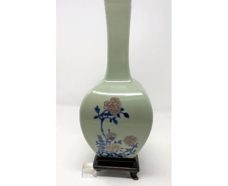 A Chinese Celadon glazed square vase with bird and floral decoration etc, mark to base, on damaged standCondition OK couple o