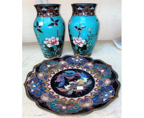An pair of oriental cloisonné vases decorated with birds and flowers on turquoise ground, 24 c m; a Japanese saucer dish, sim
