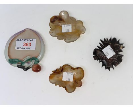 Two Chinese carved hardstone brush washers and a ceramic brush washer with 4 character marks to base and a small hardwood sta