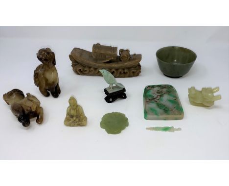 A selection of jade coloured hardstone and other similar items, bowl etc Green inkstone chipped, one animal foot missing othe