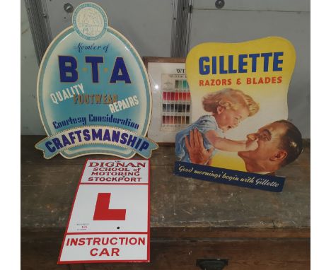 A vintage Gillette Razor cardboard advertising sign, another cardboard sign, a tinplate drivers school and two Windsor Newton