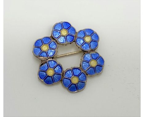A Volmer Bahner Danish sterling silver brooch enamel blue and yellow flowers in circle 