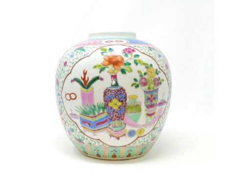 A large Chinese ginger jar with polychrome decoration depicting vases with seal mark to base 23cm height (no lid)Condtion OK 