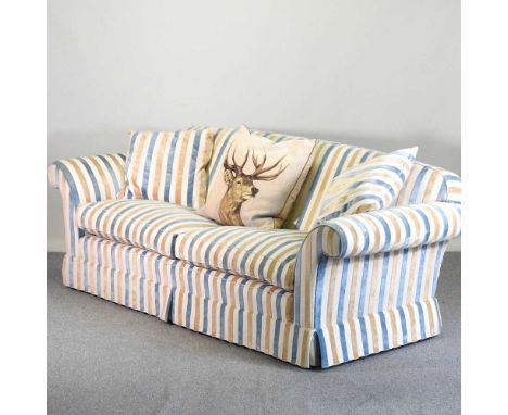 A Mulberry Home blue and gold striped upholstered sofa, with loose cushions255w x 100d x 85h cmOverall condition looks to be 