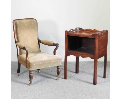 A Victorian upholstered armchair, together with a George III style tray top commode, 55cm wide (2)