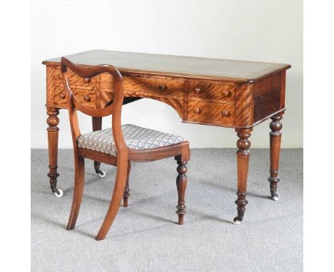 A Victorian maple kneehole desk, on turned legs, 121cm wide, together with a Victorian kidney back chair (2)121w x 59d x 76h 