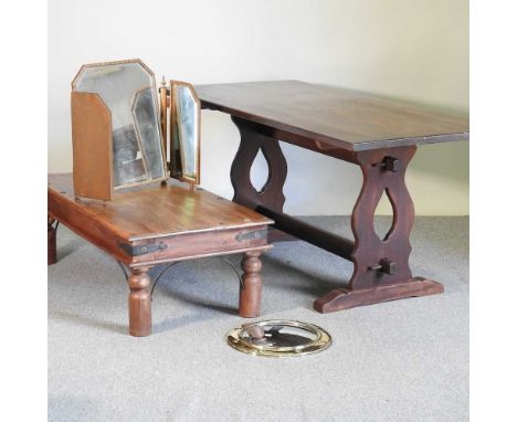 A 1970's Ercol style dining table, together with an eastern hardwood coffee table, 121cm wide and two mirrors (4)