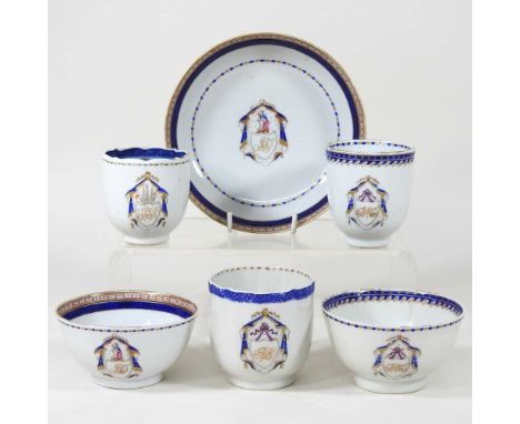A pair of 18th century Chinese armorial tea bowls, 9cm diameter, together with two coffee cups and another with saucer, each 