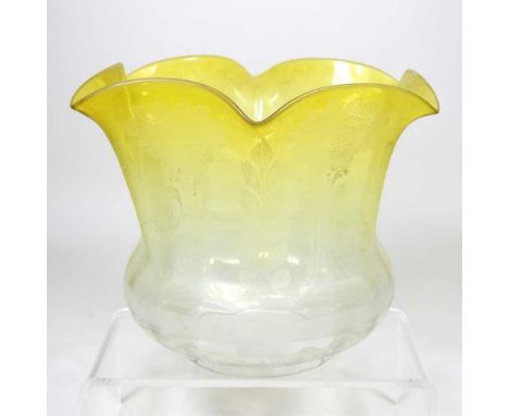 A yellow etched glass oil lamp shade, 17cm high