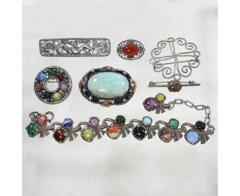 A Scottish silver and mixed hardstone pebble brooch, of circular shape, 30mm diameter, together with a hardstone bracelet, an