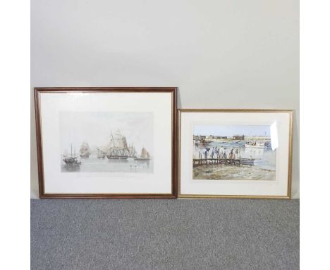 Bert Wright, b1930, Walberswick Ferry, signed watercolour, 34 x 52cm, exhibition label for Royal Exchange Art Gallery, EC3V, 