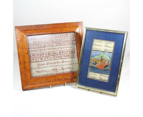 A Victorian sampler, worked with the alphabet by Dinah Elizabeth Disney, Thurlton 1876 Norfolk, 18 x 21cm, together with a Pe