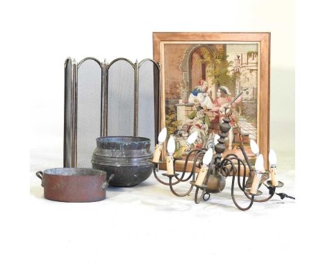 A firescreen, together with two pots, a chandelier and a tapestry picture, 65 x 52cm