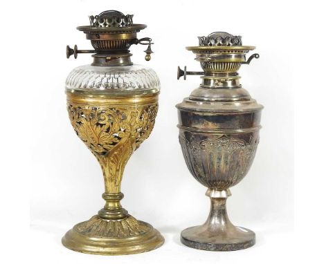 A 19th century brass oil lamp, 37cm high, together with a silver plated lamp (2)