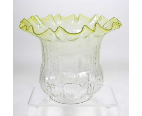 A green etched glass oil lamp shade, 17cm highDirty with some fine chips around the collar.
