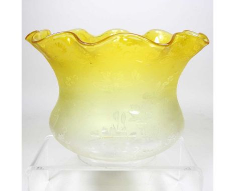 A yellow etched glass oil lamp shade, 16cm high