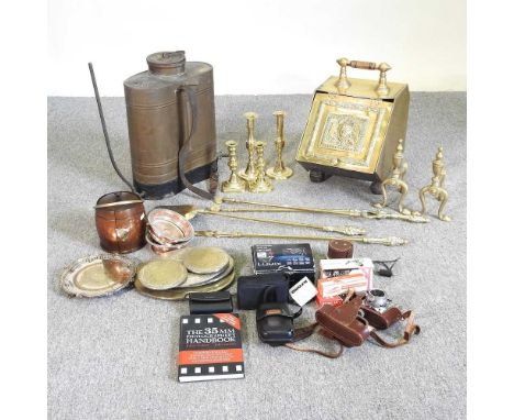 A collection of metal wares, to include fire tools, a French vineyard knapsack sprayer, bottle coasters, candlesticks and cam