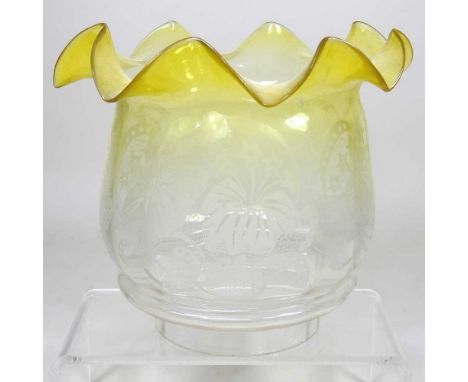 A yellow etched glass oil lamp shade, 19cm high