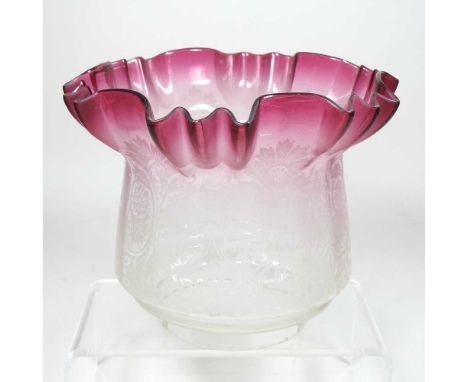 A red etched glass oil lamp shade, 17cm high