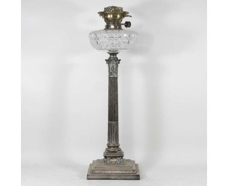 A 19th century silver plated oil lamp, in the form of a fluted column, with a hobnail cut glass font and Hink's Duplex burner