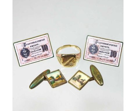 A 9 carat gold signet ring, set with a diamond, 5.7g, size R, together with two pairs of gentleman's cufflinks (3)