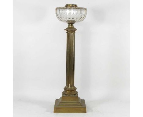 A 19th century Hink's patent brass oil lamp, with a fluted column and cut glass reservoir, 55cm highOverall condition is dirt