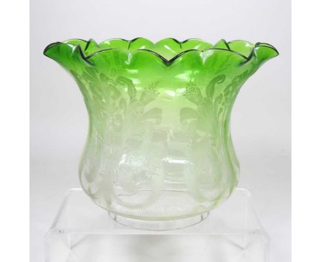 A green etched glass oil lamp shade, 16cm highDirty with light surface marks and fine chips around the collar.