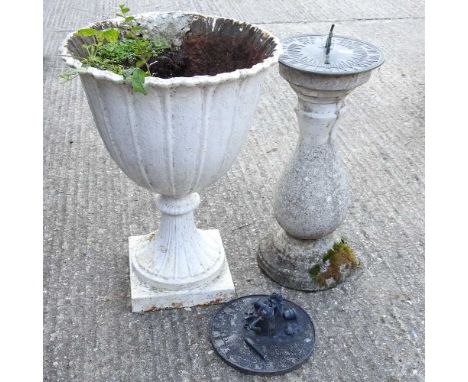 A white painted metal garden urn, 52cm high, together with a cast stone sundial (2)