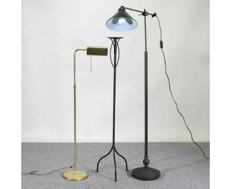 A metal standard lamp, with a green glass shade, together with two others (3)