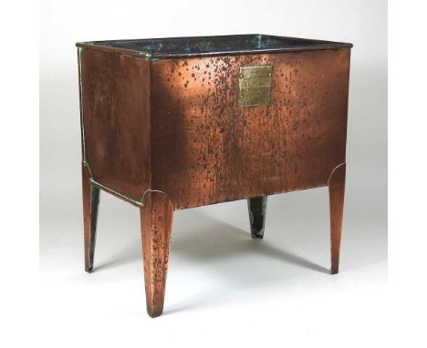 An early 20th century copper jardinière, of plain rectangular shape, bearing a brass plaque inscribed SOLD BY R B TURNER &amp