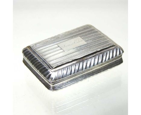 A George IV silver snuff box, of rectangular shape, the hinged lid, inscribed 'James Eden', by John Shaw, Birmingham 1821, 69