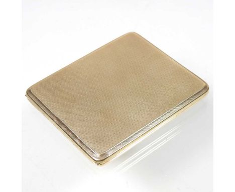 An early 20th century 9 carat gold cigarette case, of rectangular shape, with engine turned decoration and a sliding hinged c