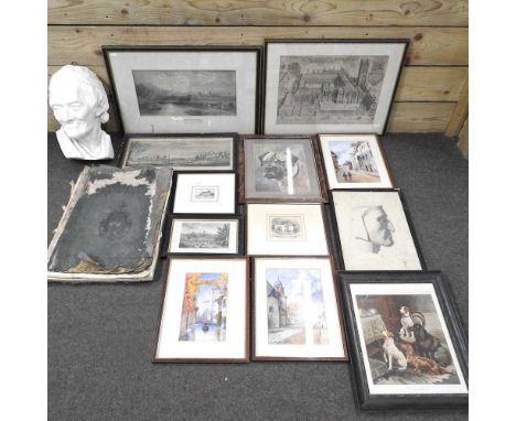 A collection of pictures and prints, to include engravings and a life sized plaster portrait bust of Voltaire, 35cm high