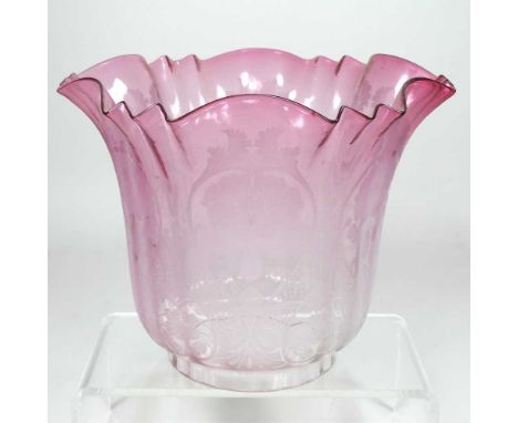 A pink etched glass oil lamp shade, 17cm high