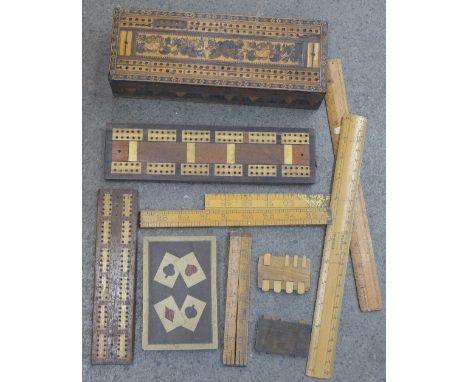 A Tonbridge ware cribbage board, a playing card box, two whist markers, rulers, etc.