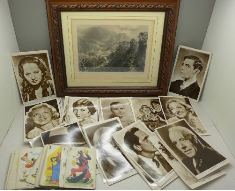 A 19th Century engraving of Matlock Bath, a pack of Walt Disney Mickey Mouse weekly playing cards and sixty-one actors and ac