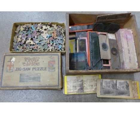 A collection of lantern slides, six stereoscopic cards and a GWR wooden jigsaw puzzle, the Cornish Riviera Express