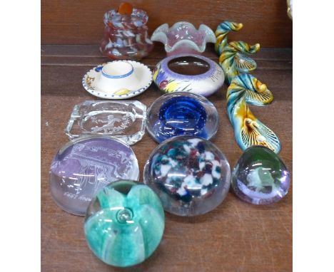 Five paperweights including two Caithness, a glass bowl and ash tray, Honiton Devon pottery, three ceramic coat hooks, etc.