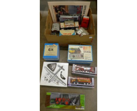 A model B29 Enola Gay, two Fuel Line model lorries, a die-cast and plastic tractor with friction motor, two viewers, model bu